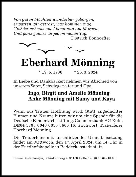 Traueranzeige von Eberhard Mönning von Hildesheimer Allgemeine Zeitung