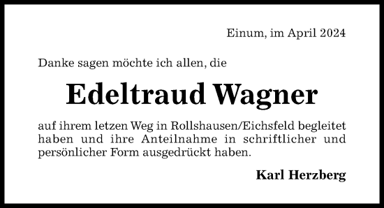 Traueranzeige von Edeltraud Wagner von Hildesheimer Allgemeine Zeitung