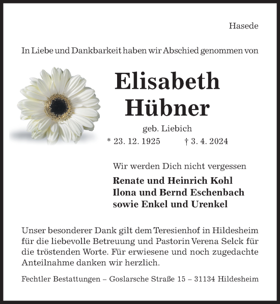 Traueranzeige von Elisabeth Hübner von Hildesheimer Allgemeine Zeitung