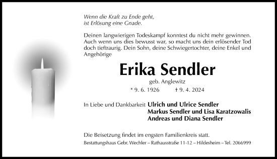 Traueranzeige von Erika Sendler von Hildesheimer Allgemeine Zeitung
