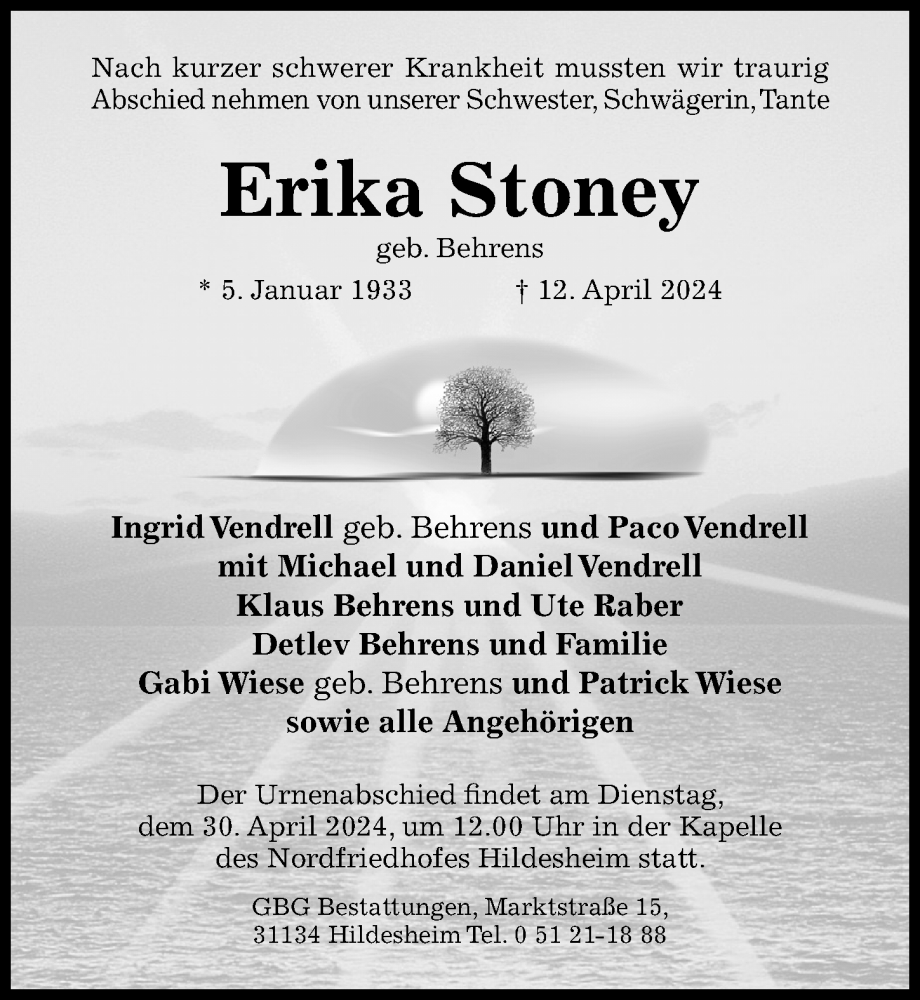  Traueranzeige für Erika Stoney vom 27.04.2024 aus Hildesheimer Allgemeine Zeitung