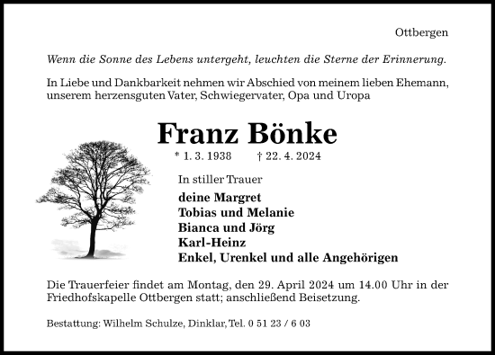 Traueranzeige von Franz Bönke von Hildesheimer Allgemeine Zeitung