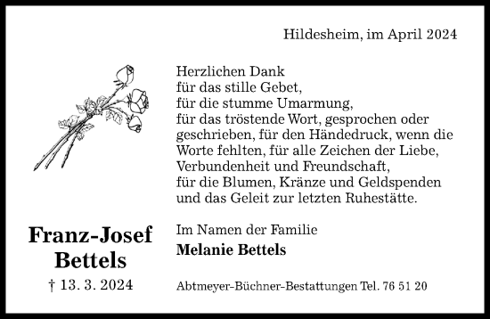 Traueranzeige von Franz-Josef Bettels von Hildesheimer Allgemeine Zeitung