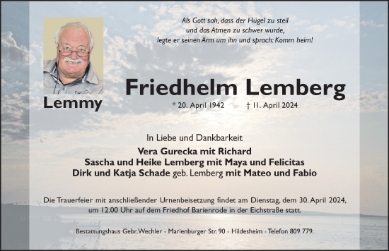 Traueranzeige von Friedhelm Lemberg von Hildesheimer Allgemeine Zeitung
