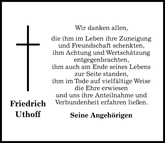 Traueranzeige von Friedrich Uthoff von Hildesheimer Allgemeine Zeitung