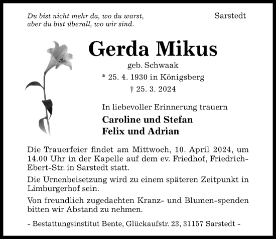 Traueranzeige von Gerda Mikus von Hildesheimer Allgemeine Zeitung