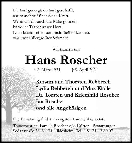 Traueranzeige von Hans Roscher von Hildesheimer Allgemeine Zeitung