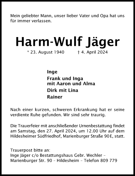 Traueranzeige von Harm-Wulf Jäger von Hildesheimer Allgemeine Zeitung