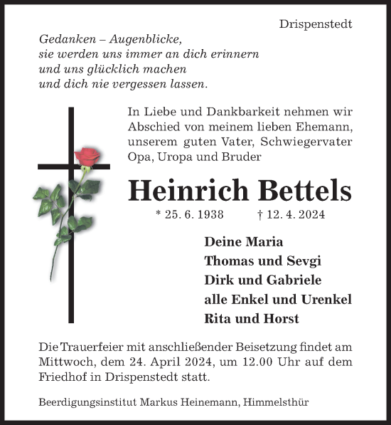 Traueranzeige von Heinrich Bettels von Hildesheimer Allgemeine Zeitung