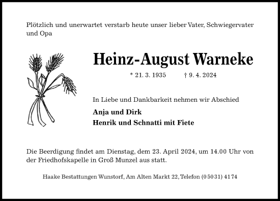 Traueranzeige von Heinz-August Warneke von Hildesheimer Allgemeine Zeitung
