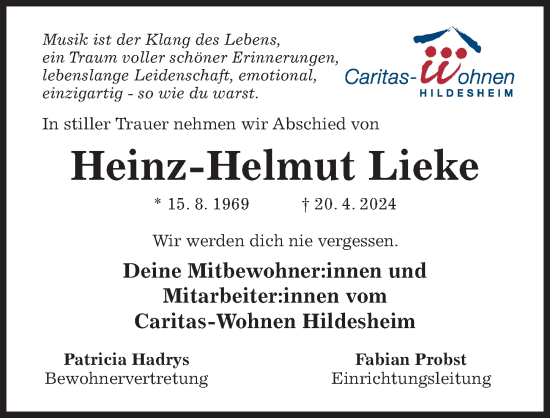 Traueranzeige von Heinz-Helmut Lieke von Hildesheimer Allgemeine Zeitung