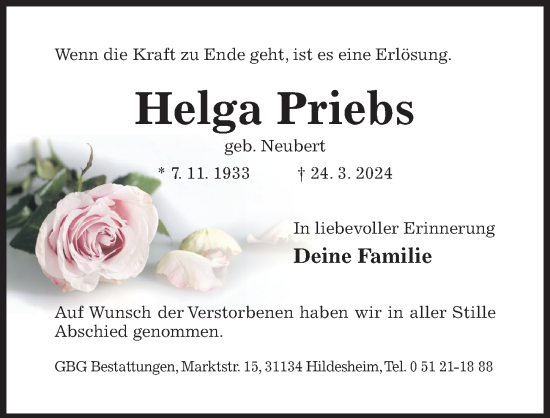 Traueranzeige von Helga Priebs von Hildesheimer Allgemeine Zeitung