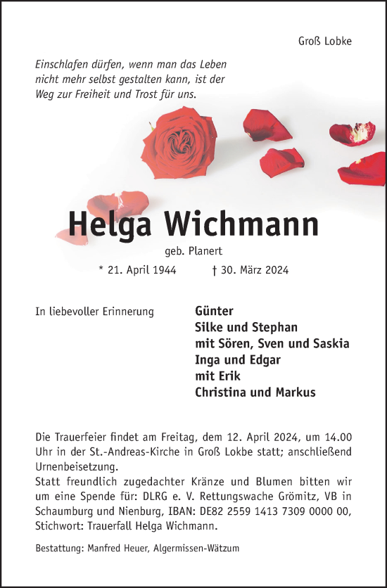 Traueranzeige von Helga Wichmann von Hildesheimer Allgemeine Zeitung