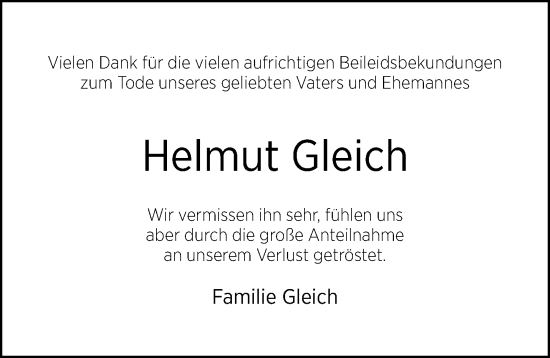 Traueranzeige von Helmut Gleich von Hildesheimer Allgemeine Zeitung