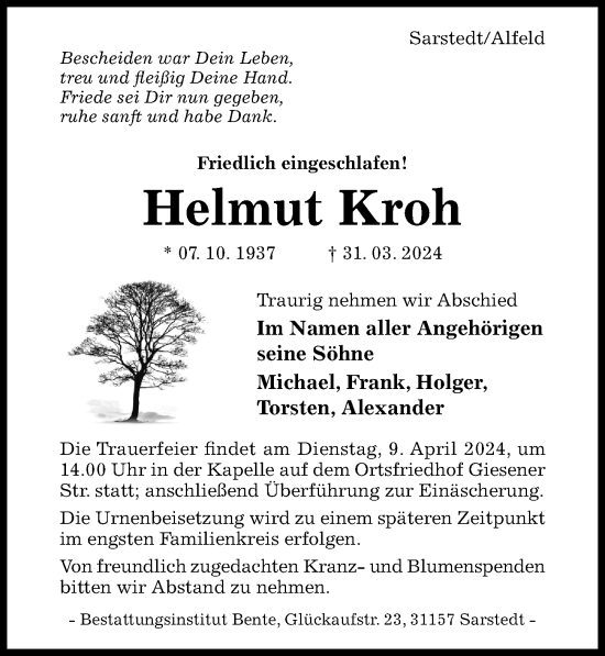 Traueranzeige von Helmut Kroh von Hildesheimer Allgemeine Zeitung