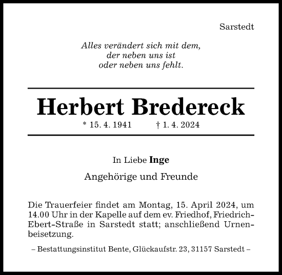 Traueranzeige von Herbert Bredereck von Hildesheimer Allgemeine Zeitung