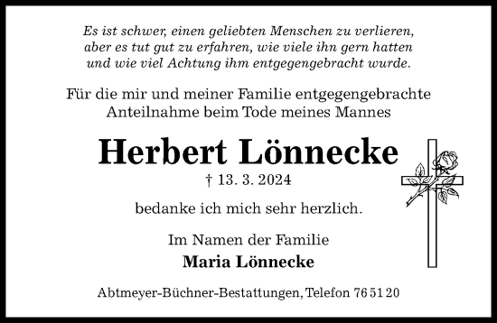 Traueranzeige von Herbert Lönnecke von Hildesheimer Allgemeine Zeitung