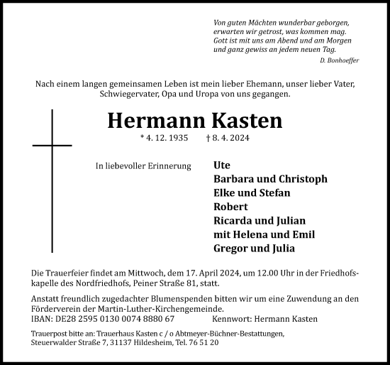 Traueranzeige von Hermann Kasten von Hildesheimer Allgemeine Zeitung