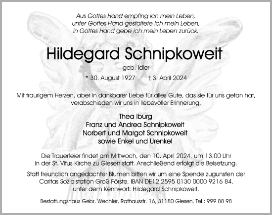 Traueranzeige von Hildegard Schnipkoweit von Hildesheimer Allgemeine Zeitung