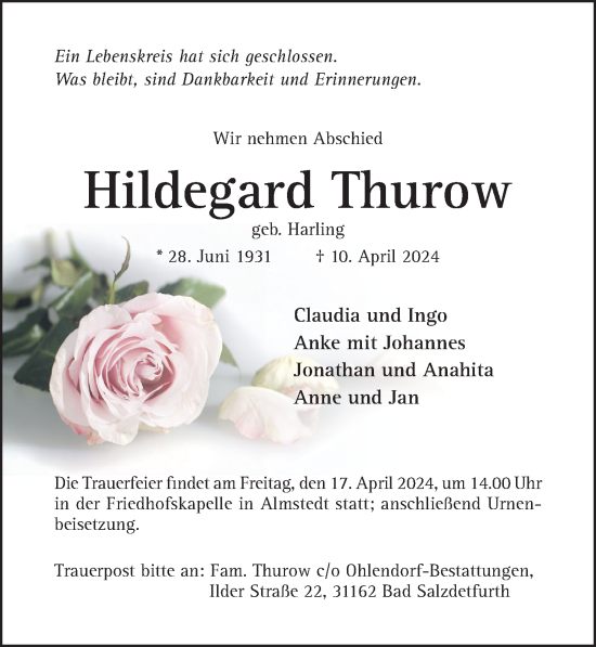 Traueranzeige von Hildegard Thurow von Hildesheimer Allgemeine Zeitung