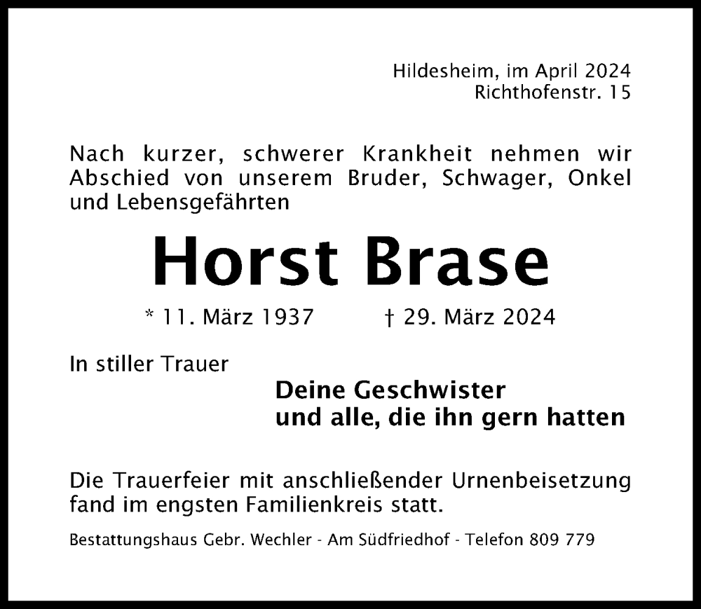  Traueranzeige für Horst Brase vom 30.04.2024 aus Hildesheimer Allgemeine Zeitung