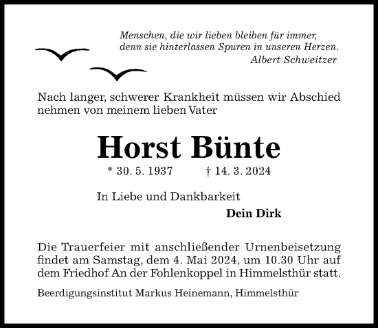 Traueranzeige von Horst Bünte von Hildesheimer Allgemeine Zeitung