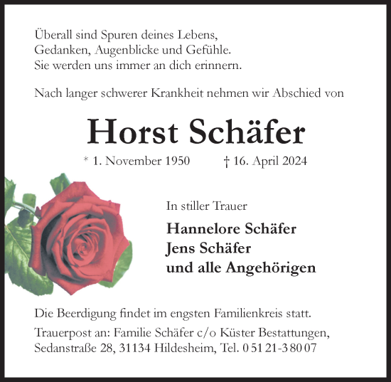 Traueranzeige von Horst Schäfer von Hildesheimer Allgemeine Zeitung