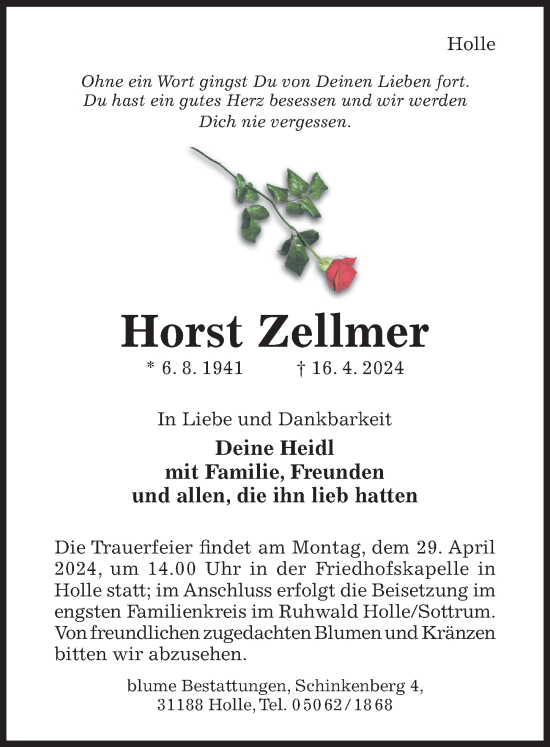 Traueranzeige von Horst Zellmer von Hildesheimer Allgemeine Zeitung