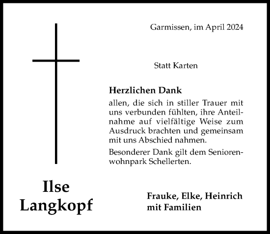 Traueranzeige von Ilse Langkopf von Hildesheimer Allgemeine Zeitung