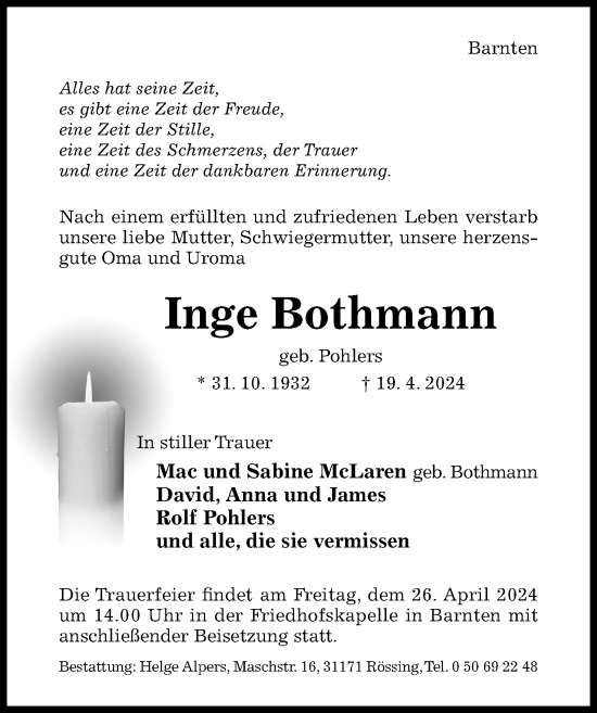 Traueranzeige von Inge Bothmann von Hildesheimer Allgemeine Zeitung