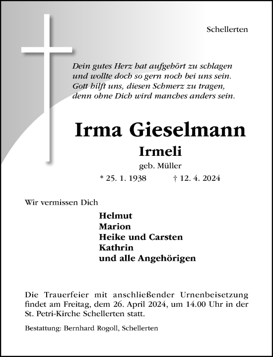 Traueranzeige von Irma Gieselmann von Hildesheimer Allgemeine Zeitung