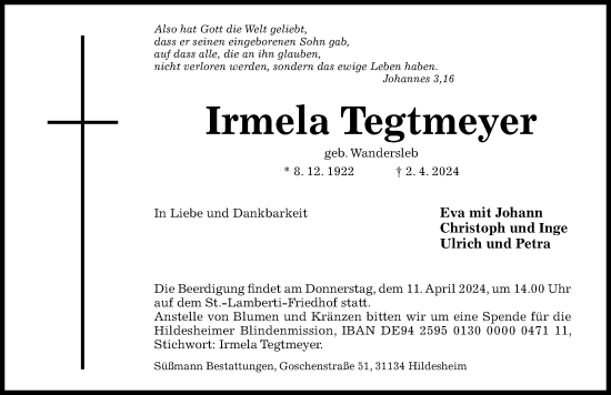 Traueranzeige von Irmela Tegtmeyer von Hildesheimer Allgemeine Zeitung