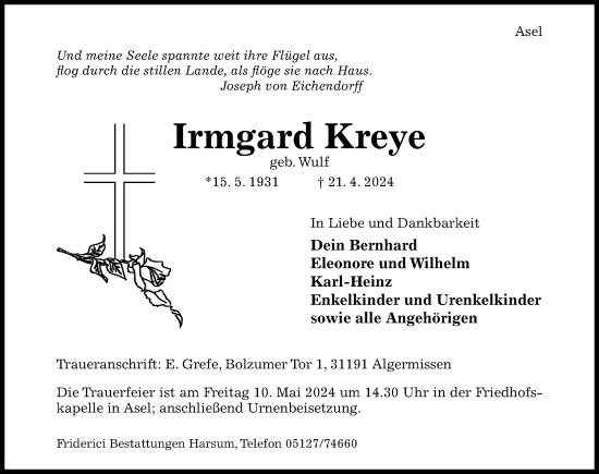 Traueranzeige von Irmgard Kreye von Hildesheimer Allgemeine Zeitung