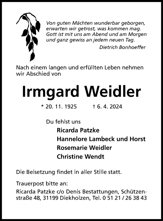 Traueranzeige von Irmgard Weidler von Hildesheimer Allgemeine Zeitung