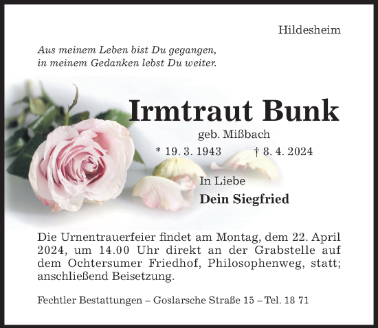 Traueranzeige von Irmtraut Bunk von Hildesheimer Allgemeine Zeitung