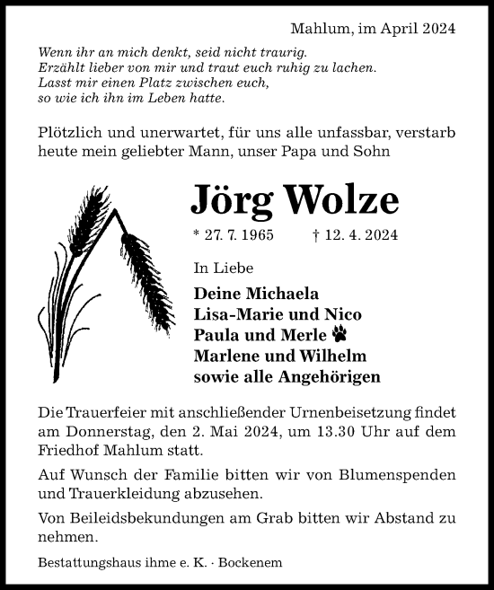 Traueranzeige von Jörg Wolze von Hildesheimer Allgemeine Zeitung