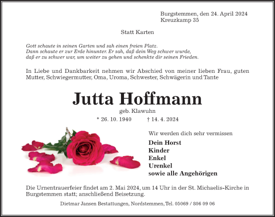 Traueranzeige von Jutta Hoffmann von Hildesheimer Allgemeine Zeitung