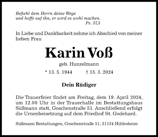 Traueranzeige von Karin Voß von Hildesheimer Allgemeine Zeitung