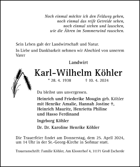 Traueranzeige von Karl-Wilhelm Köhler von Hildesheimer Allgemeine Zeitung