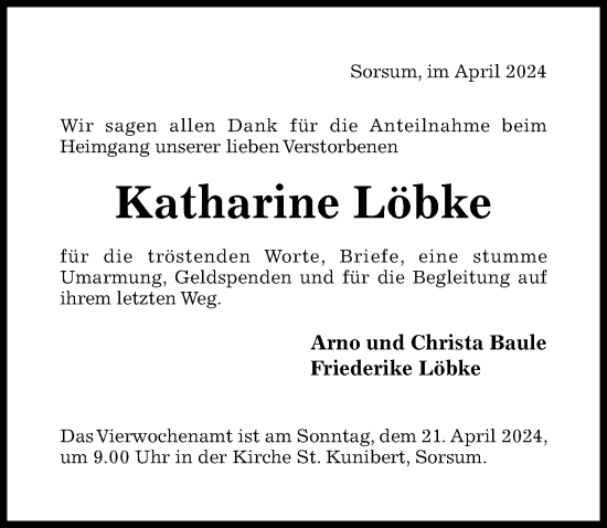 Traueranzeige von Katharine Löbke von Hildesheimer Allgemeine Zeitung