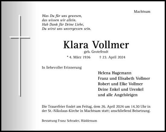Traueranzeige von Klara Vollmer von Hildesheimer Allgemeine Zeitung