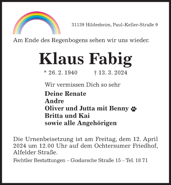 Traueranzeige von Klaus Fabig von Hildesheimer Allgemeine Zeitung