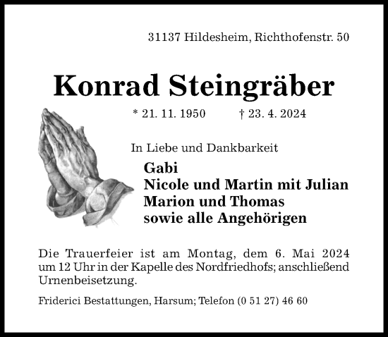 Traueranzeige von Konrad Steingräber von Hildesheimer Allgemeine Zeitung