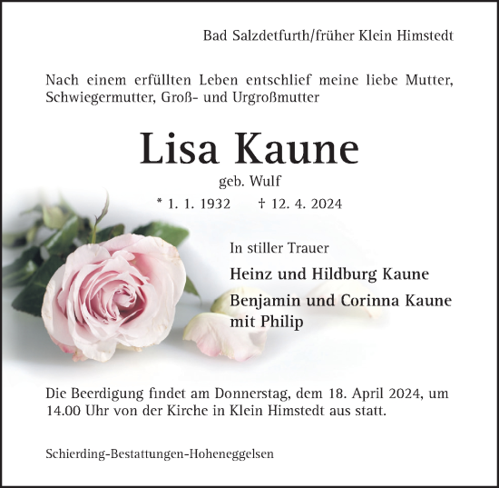 Traueranzeige von Lisa Kaune von Hildesheimer Allgemeine Zeitung