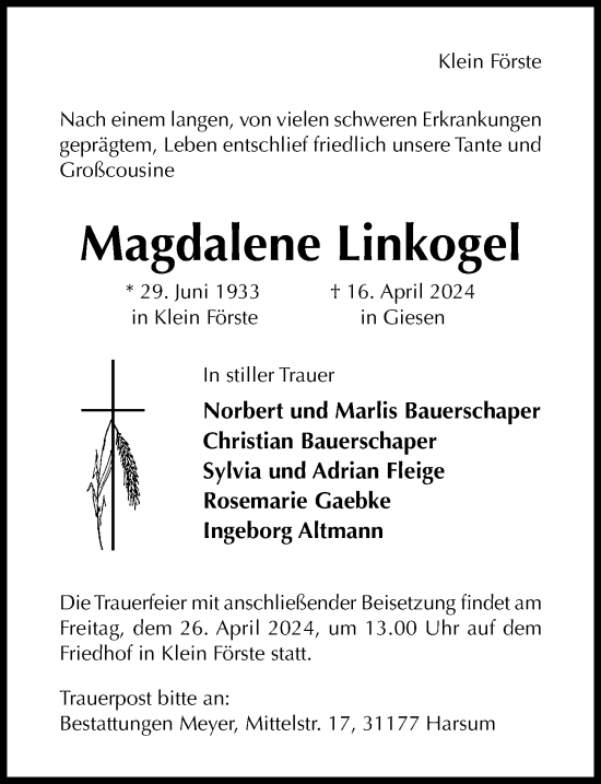 Traueranzeige von Magdalene Linkogel von Hildesheimer Allgemeine Zeitung