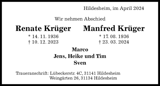 Traueranzeige von Manfred Krüger von Hildesheimer Allgemeine Zeitung