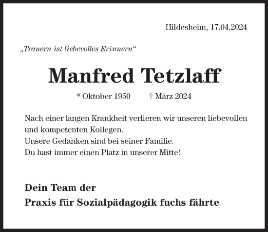 Traueranzeige von Manfred Tetzlaff von Hildesheimer Allgemeine Zeitung