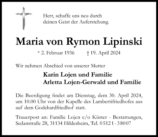 Traueranzeige von Maria von Rymon Lipinski von Hildesheimer Allgemeine Zeitung