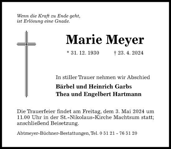 Traueranzeige von Marie Meyer von Hildesheimer Allgemeine Zeitung