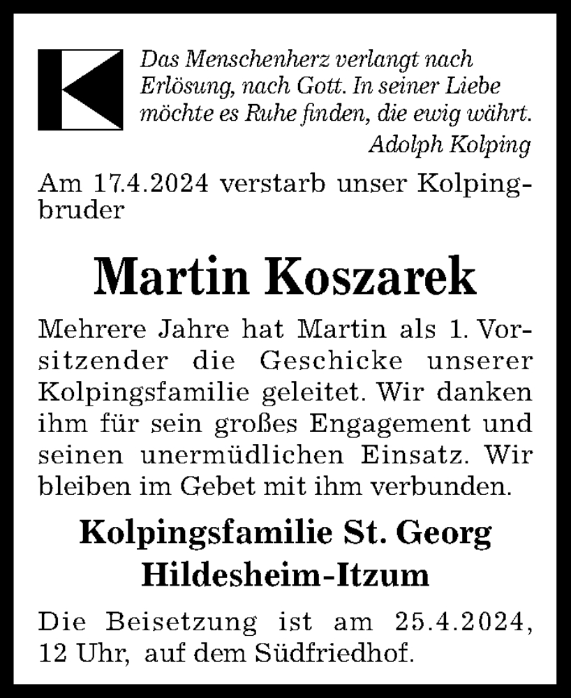 Traueranzeige für Martin Koszarek vom 23.04.2024 aus Hildesheimer Allgemeine Zeitung